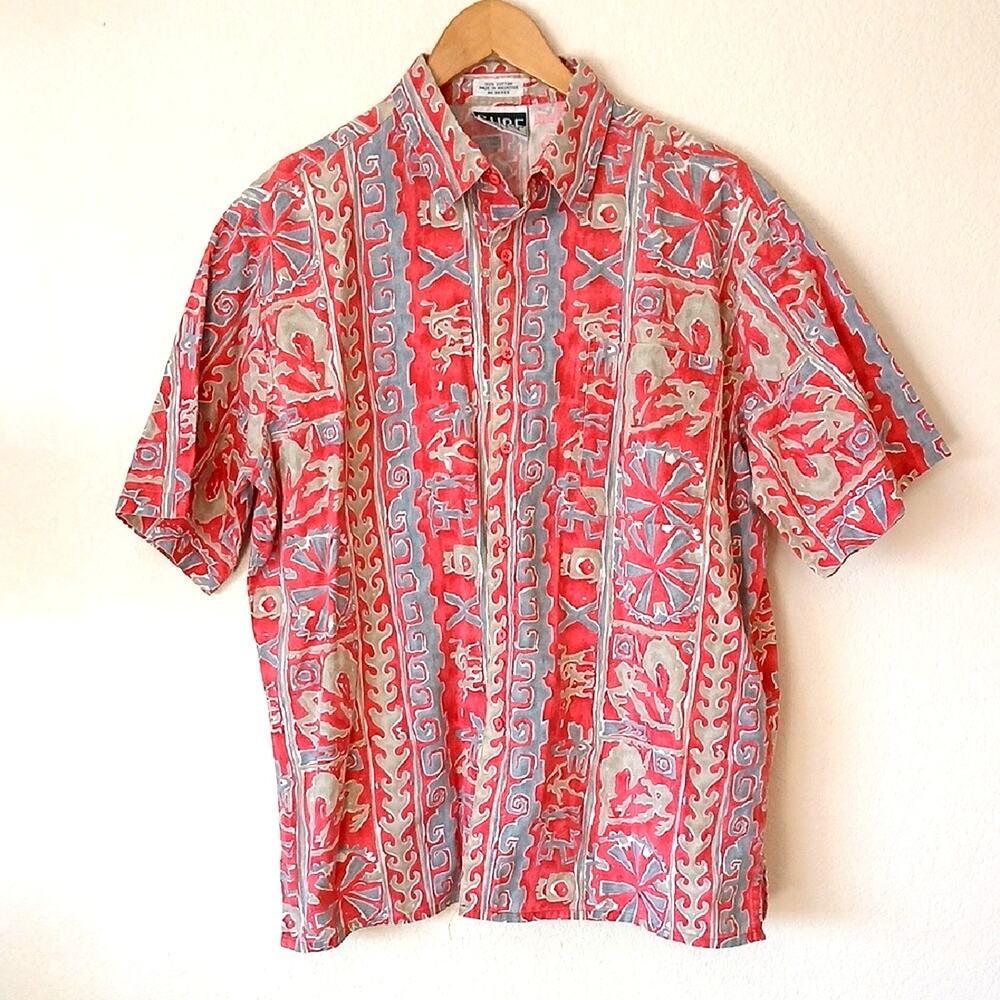 Vintage Surf Gear Hawaiian Tribal Print Button Up Short Sleeve Shirt
